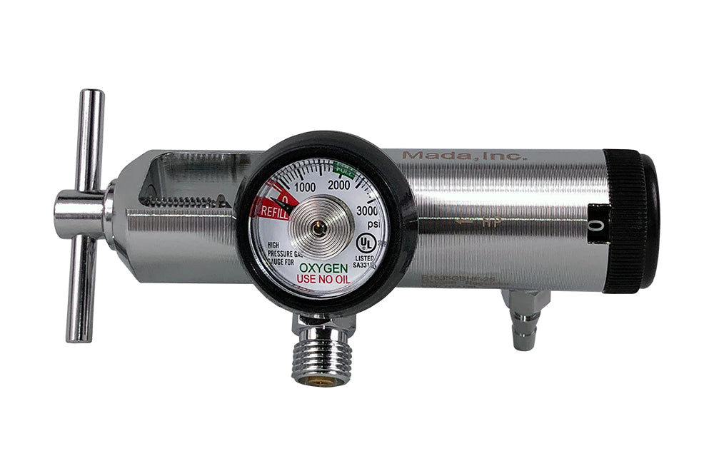 Click Style Regulator High/Low Flow, CGA-870 yoke with 2 50 PSI DISS. outlets, barb outlet (1/4 to 25 LPM) for small cylinders