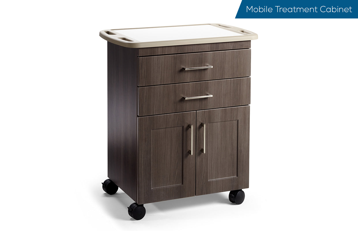 Mobile Treatment Cabinet - (2) 4 Inch Drawers - Double Door.18" Deep.60MM Casters.Acorn (W).Soft Edge Handles