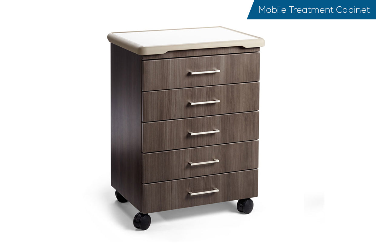 Mobile Treatment Cabinet - (5) 4 Inch Drawers.18" Deep.60MM Casters.Acorn (W).Soft Edge Bumper