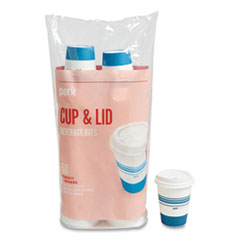 Paper Hot Cup and Plastic Dome Lid Combo, 12 oz, White/Blue, 50 Sets/Pack