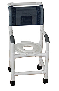 Shower chair 15" internal width, for small adult or pediatric needs, double drop arms, and 10 qt slide out square commode pail 3" twin casters, open front seat, 250 LBS cap.