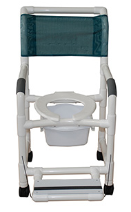 Shower chair 18" internal width, 3" TOTAL LOCK casters, with deluxe elongated open front soft seat dual usuage w/removable center section, folding footrest and 10 qt slide out square commode pail, 300 lbs wt cap