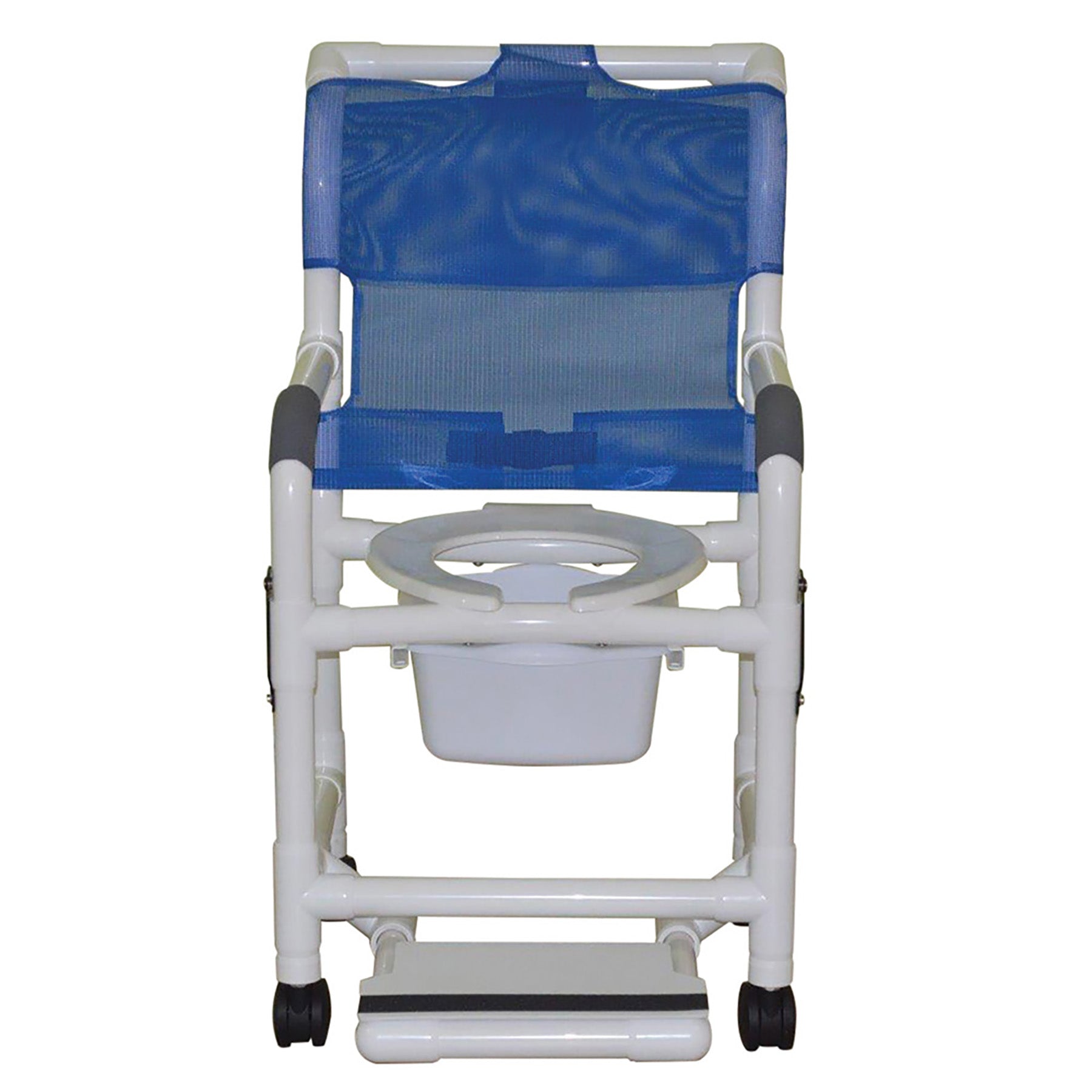 Shower chair 18" internal width,open front seat, 3" twin casters, with double drop arms, slide out footrest and 10 qt slide out square commode pail, 300 LBS