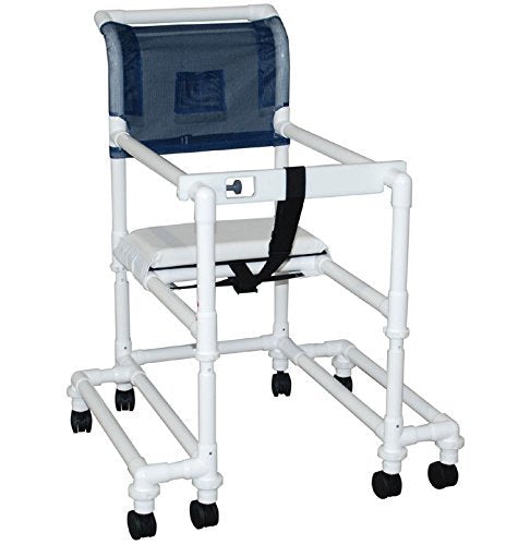 Shower chair 18" internal width,open front seat, 3" twin casters, with double drop arms, slide out footrest and deluxe elongated open front soft seat, 300 LBS