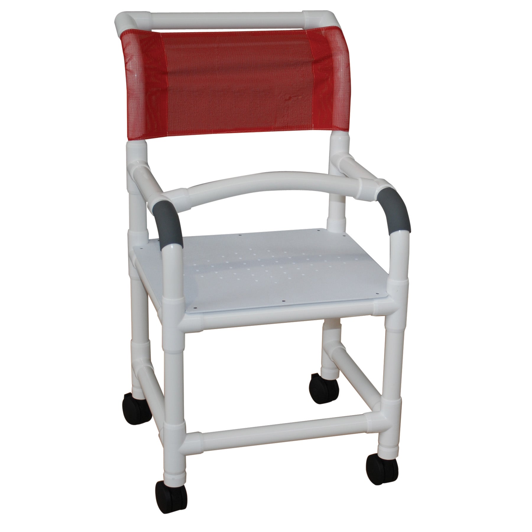 Shower chair 18" internal width, 3" twin casters, flatstock seat w/ drain holes  & lap security bar 300 lbs wt cap