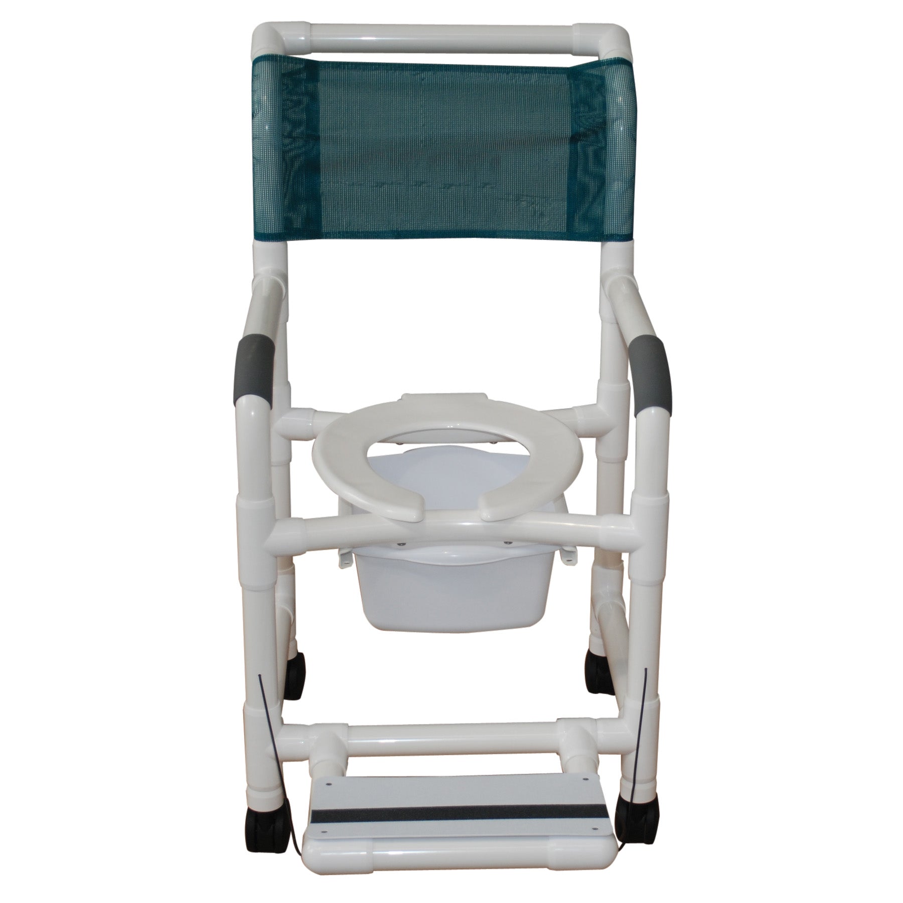 Shower chair 18" internal width, open front seat, 3"twin casters, folding footrest and 10 qt slide out commode pail 300LBS