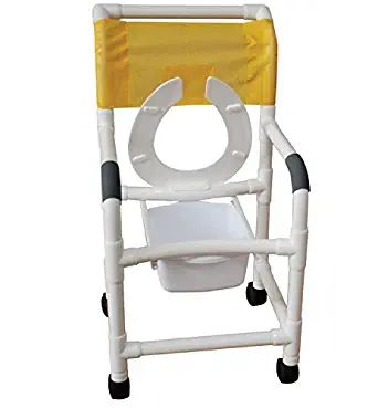 Shower chair 18" internal width, flared stability, open front front flip up seat, buckle safety belt, folding footrest and 10 quart slide out square commode pail, 3" twin casters, 300 LBS