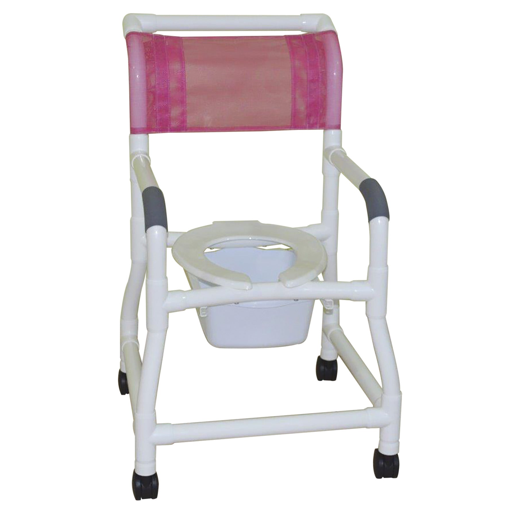 Shower chair 18" internal width, open front seat,  3"twin casters flared stability-4" wider bottom base and 10 qt slide out commode pail, 300 lbs wt cap