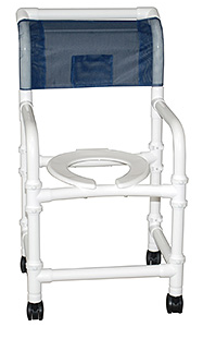 Knocked Down Standard shower chair, 18" Internal width, deluxe elongaed open front soft seat, 3" twin casters, 300 lbs wt capacity