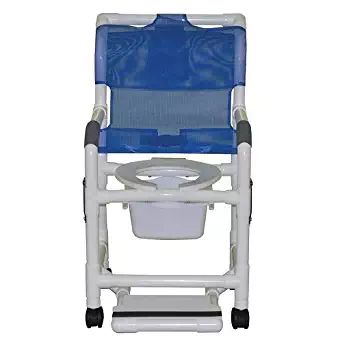 Shower chair 18" internal width, 3" twin casters, with sliding footrest, 10 qt commode pail, deluxe elongated open front soft seat, and double drop arms 300 lbs wt cap