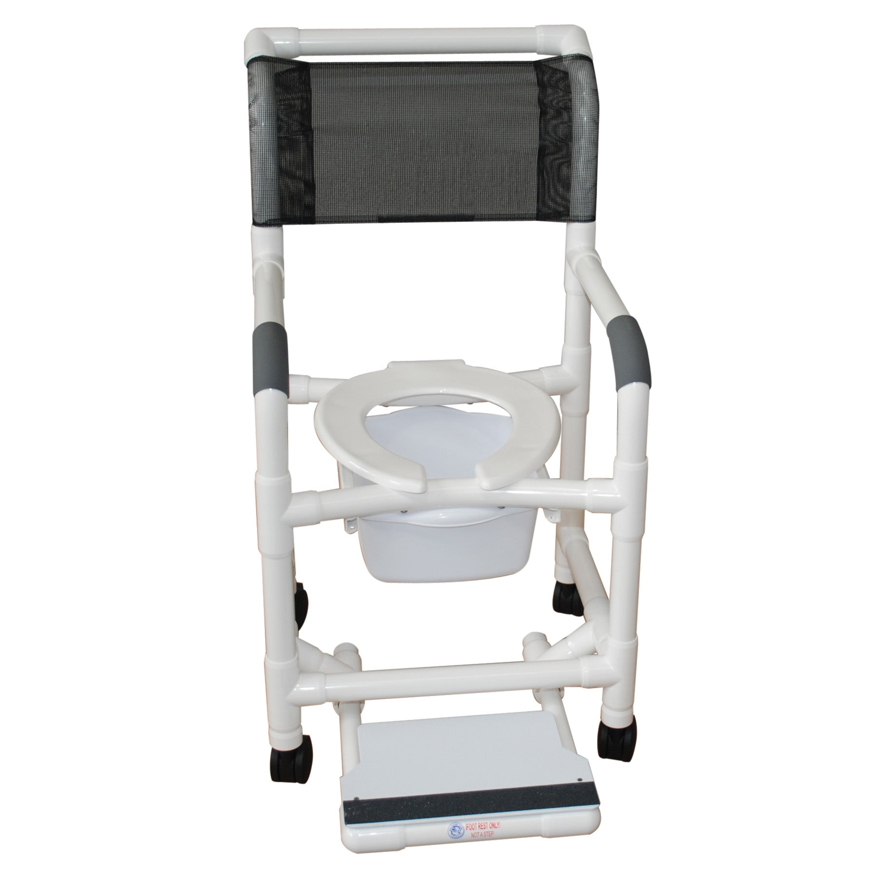 Shower chair 18" internal width, open front seat, 3" twin casters, sliding  footrest and 10 qt slide out commode pail 300LBS