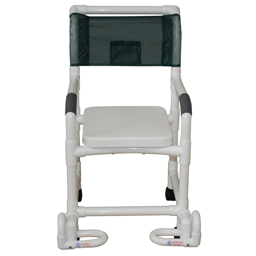 Shower chair 18" internal width, 3"twin casters, with soft seat complete and individual footrest 300LBS