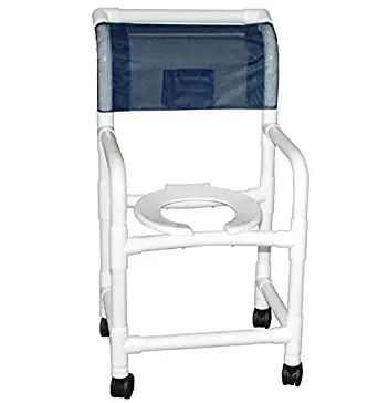 Shower chair 18" internal width, 3" twin casters, with soft seat deluxe dual usuage w/removable center section, slide out footrest, 300 lbs wt cap