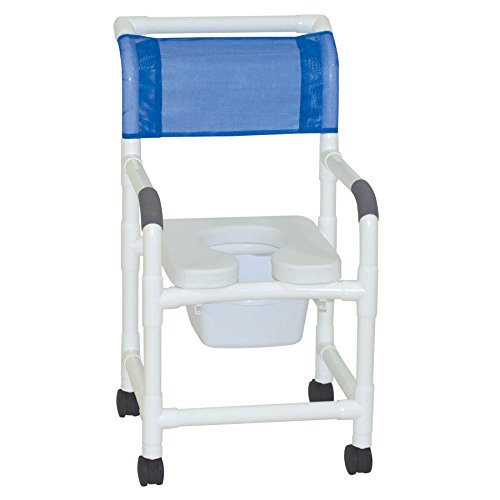 Shower Chair 18" Internal Width, 3" Twin Casters, With Deluxe Elongated Open Front Soft Seat, 10 Qt Slide Out Commode Pail 300 Lbs Weight Capacity