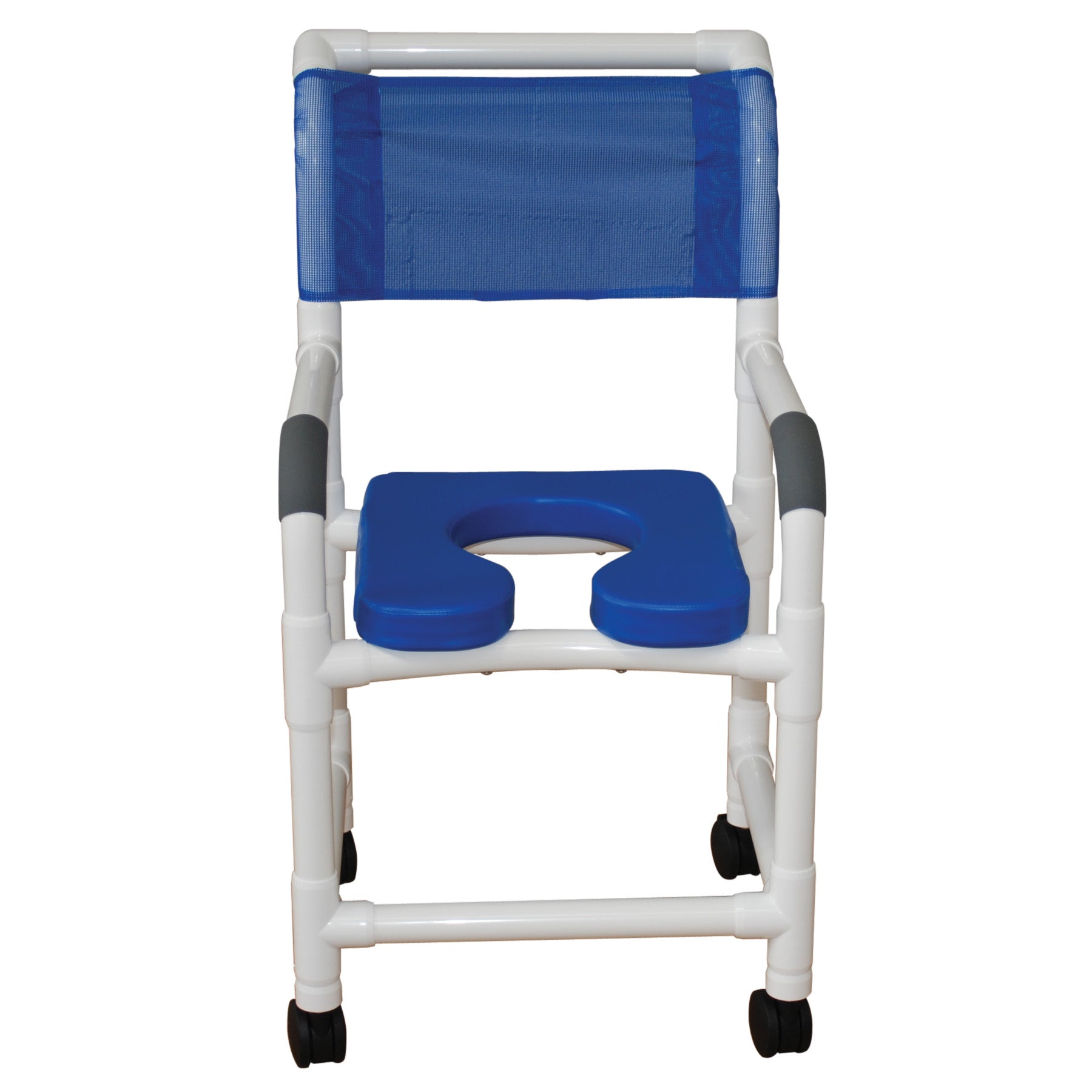 Shower Chair 18" Internal Width, 3" Twin Casters, with Blue Open Front Soft Seat, 300 Lbs Weight Capacity