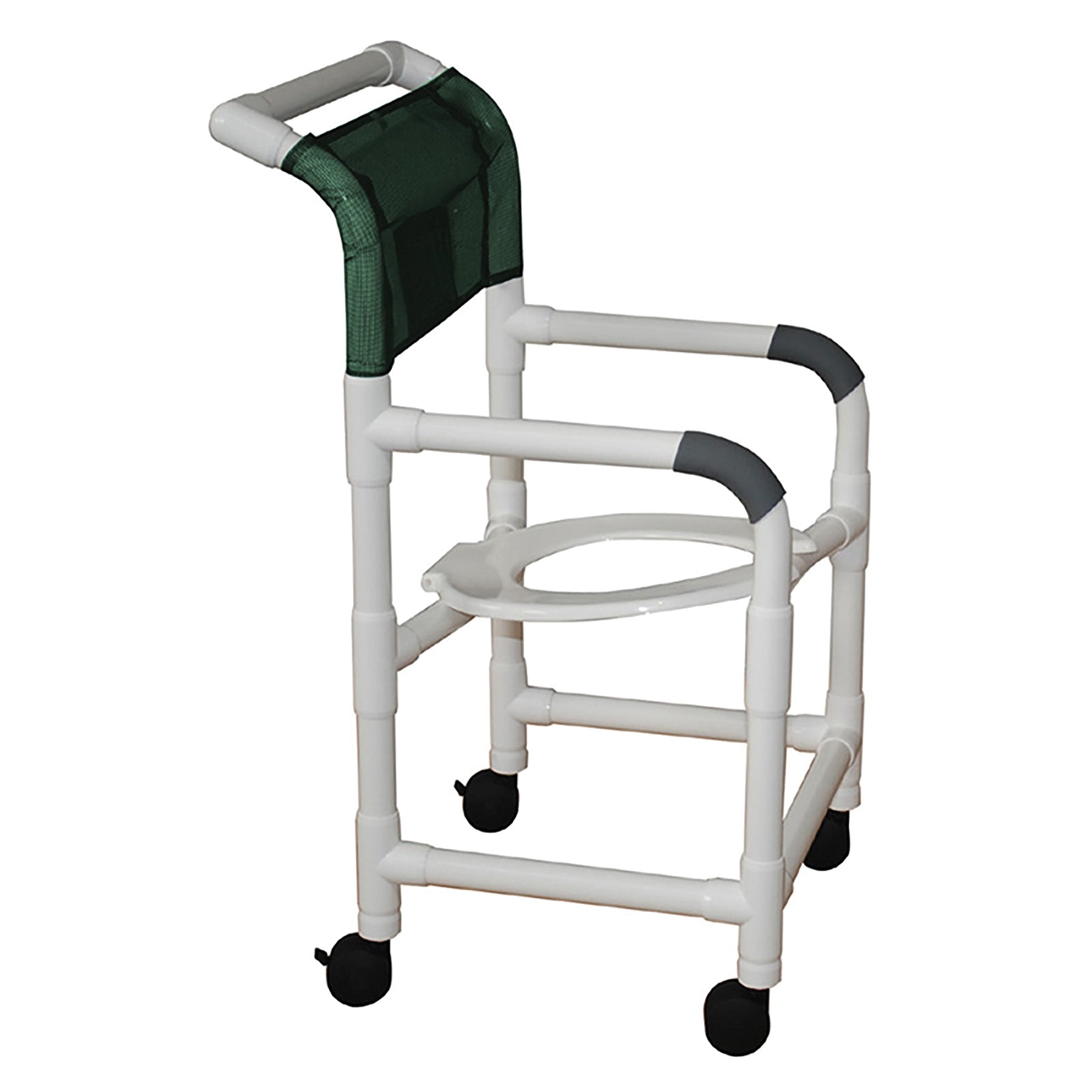 Shower chair 18" internal width,open front seat, 3" twin casters, tilted 2" lower in back,  300 lbs wt cap