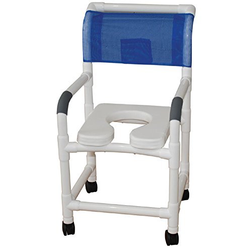 Shower chair 18" internal width,open front seat, 5" x 1 1/4" heavy duty casters with folding footrest and deluxe elongated open front soft seat, 300 lbs wt cap