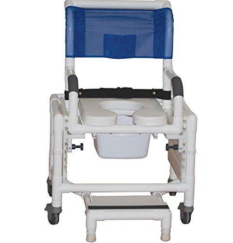 Shower chair 18" internal width, 5"TOTAL LOCK casters, slide out footrest with front supports, deluxe elongated open front soft seat and 10 qt slide out square commode pail, 300 lbs wt cap