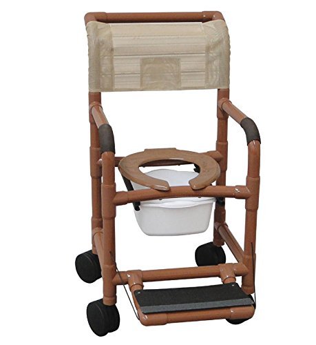 Shower chair 18" internal width, 5"TOTAL LOCK casters, deluxe elongated open front soft seat,10 qt slide out square commode pail and double drop arms, 300 lbs wt cap