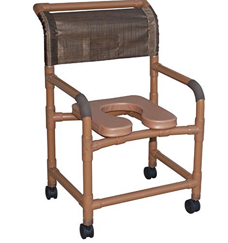 Wide shower chair 22" internal width, open front seat, 3" TOTAL LOCK casters, adjustable height, slide out footrest, double drop arms, deluxe elongated open front soft seat and 10 qt slide out square commode pail, 375 lbs wt cap