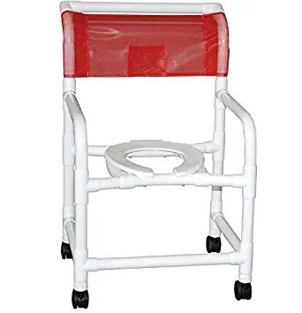 Adjustable height shower chair 22" internal width, open front seat, 3" twin caster with 10 qt slide out commode pail, 225 lbs wt cap