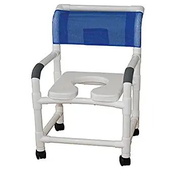 Wide shower chair 22" internal width, open front seat, 3" twin casters, sliding footrest, 10 qt slide out commode pail, 225 lbs wt cap