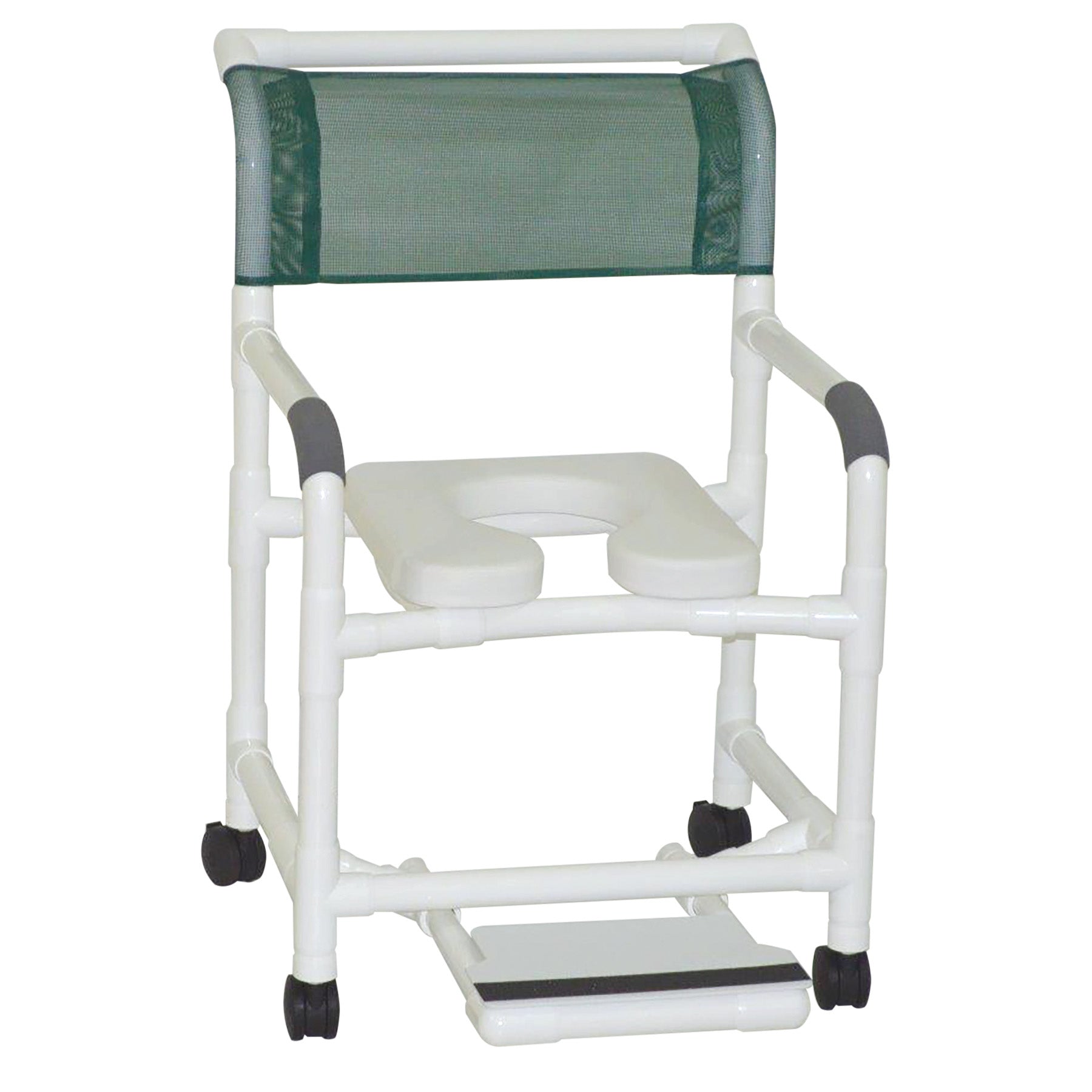 Wide Shower Chair 22" Internal Width, 3" Twin Casters, with Deluxe Elongated Open Front Soft Seat and Slide Out Footrest 375 Lbs Weight Capacity