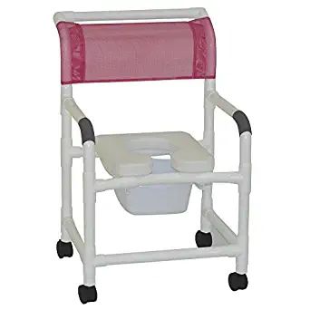 Wide shower chair 22" internal width, 3" twin casters, w/ deluxe elongated open front soft seat and 10 qt slide out square commode pail, 375 lbs wt cap