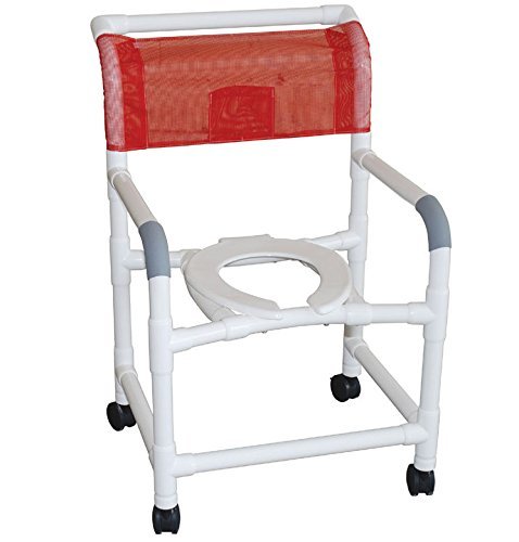 Wide shower chair 22" internal width,open front flip up seat, 10 qt slide out square commode pail and double drop arms, 5" x 1 1/4" heavy duty casters 375 lbs wt cap