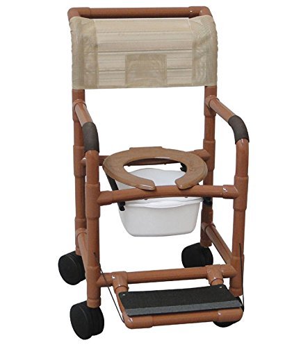 Wide shower chair 22" internal width,open seat, 10 qt slide out square commode pail and folding footrest, 5" x 1 1/4" heavy duty casters 375 lbs wt cap