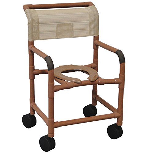 Shower chair 22" internal width, 5"TOTAL LOCK casters, slide out footrest with front supports, deluxe elongated open front soft seat, double drop arms and 10 qt slide out square commode pail, 300 lbs wt cap