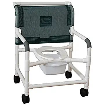 Extra-wide shower chair 26" internal width, open front seat, adjustable height, no casters, 10 qt. slide out commode pail, no bar in back, 425 lbs wt cap