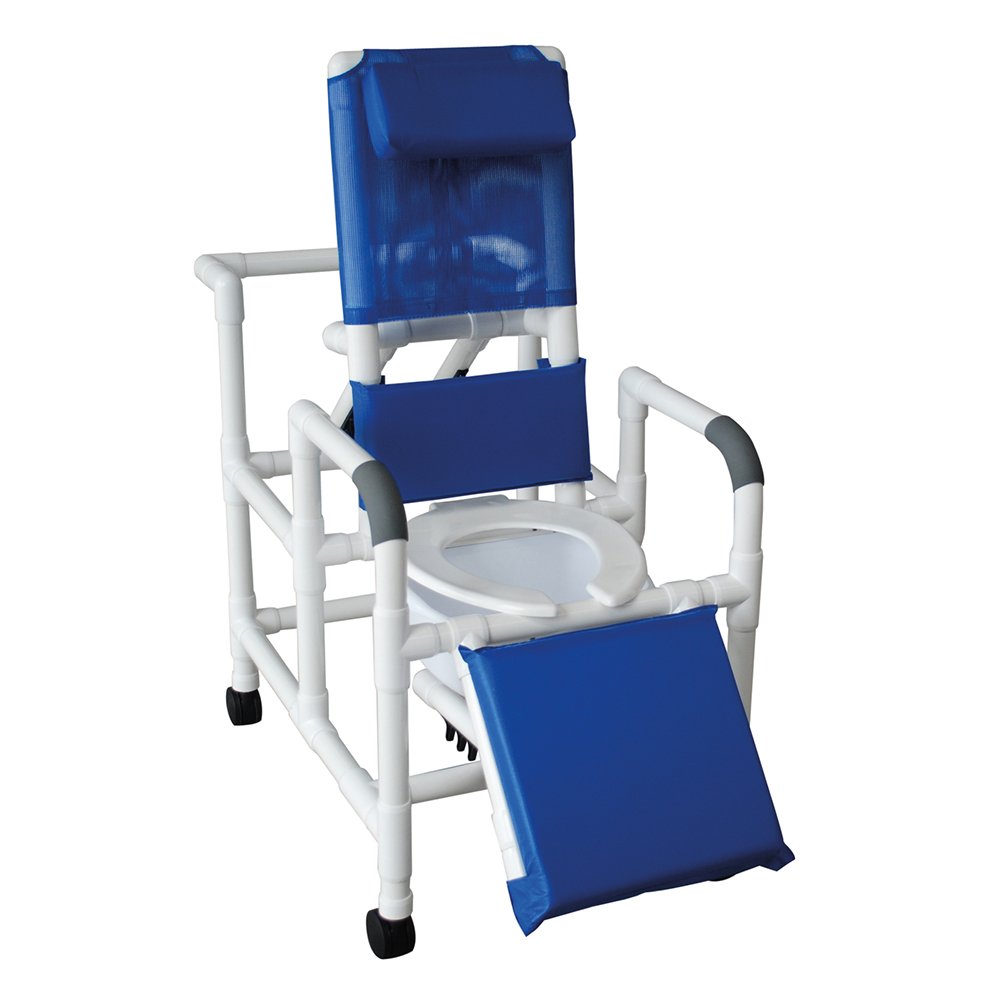 Reclining shower chair w/deluxe elongated open front commode seat & elevated leg extension, with 10 qt slide out commode pail, 325 lbs wt cap