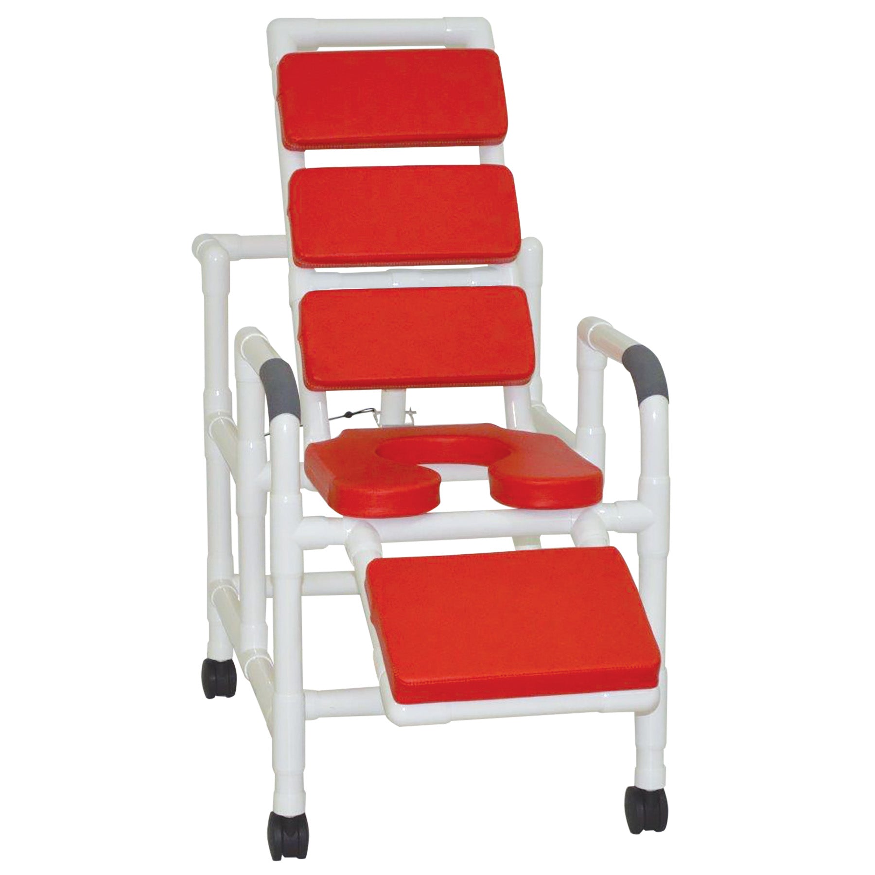 Reclining TOTAL RED padding shower chair w/ open front soft seat & elevated leg extension, 325 lbs wt cap