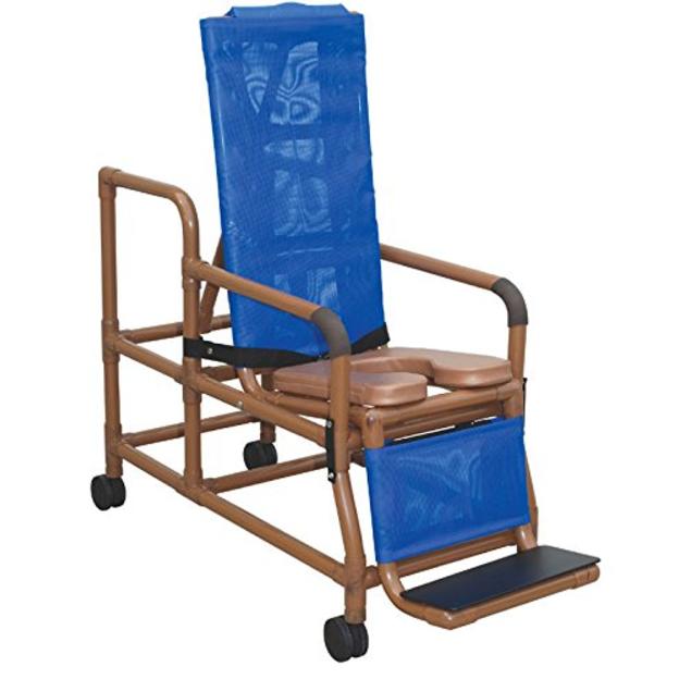 Tilt "n" space shower chair w/ open front soft seat,buckle safety belt, and double drop arm, 5" heavy duty casters, 250 lbs wt cap