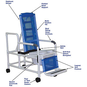 100 Series - Reclining Shower Chairs - Tilt "n" space shower chair w/ open front soft seat, buckle safety belt, and double drop arm, with 10 qt slide out commode pail, 250 lbs wt cap