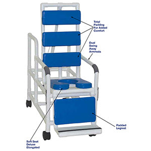 100 Series - Reclining Tp Shower Chairs - Tilt "n" space shower chair - TOTAL Blue padding shower chair w/ open front soft seat & elevated leg extension, 250 lbs wt cap