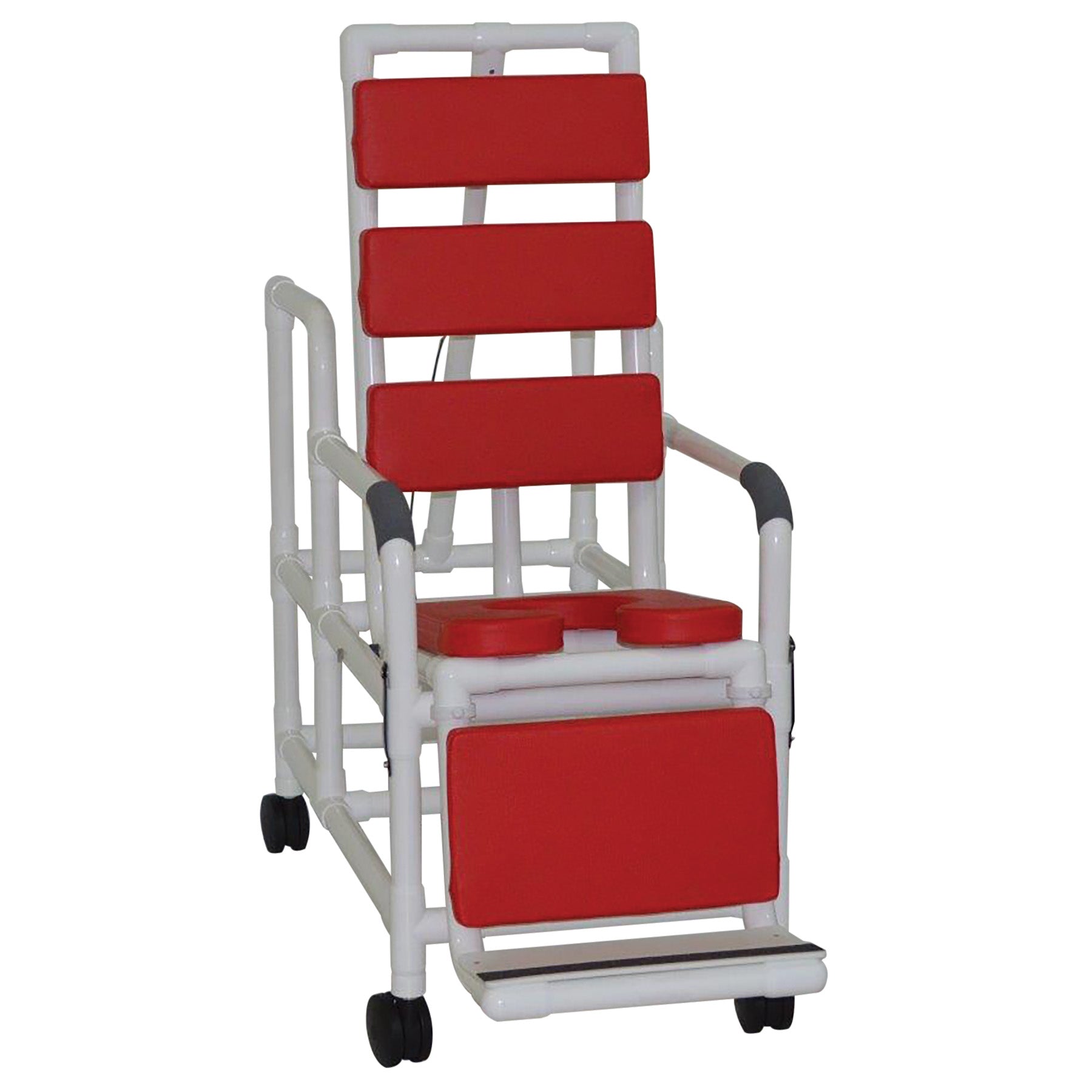 Tilt "n" space shower chair - TOTAL Red padding shower chair w/ open front soft seat & elevated leg extension, 250 lbs wt cap