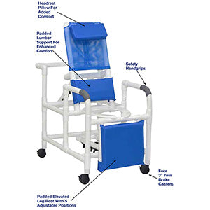 Reclining Shower Chair with Deluxe Elongated Open Front Commode Seat & Elevated Leg Extension, 325 Lbs Weight Capacity