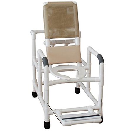 Reclining shower chair w/deluxe elongated open front commode seat & folding footrest, double drop arms, 325 lbs wt cap