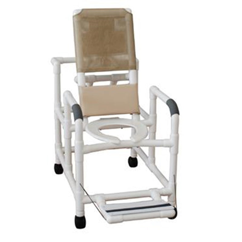 Reclining shower chair w/deluxe elongated open front commode seat & folding footrest, slide out square commode pail, 325 lbs wt cap