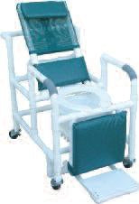 Reclining shower chair w/deluxe elongated open front commode seat, footrest, padded elevated leg extension, with 10 qt slide out commode pail, 325 lbs wt cap