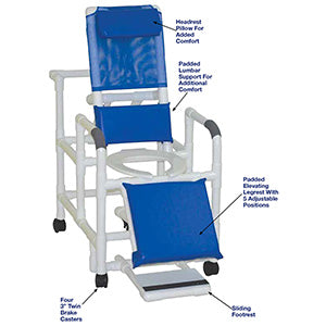 Reclining Shower Chair with Deluxe Elongated Open Front Commode Seat,  Footrest, Padded Elevated Leg Extension325 Lbs Weight Capacity