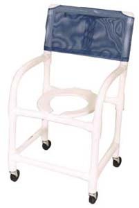 Echo Shower chair 18" internal width, 3" twin casters 250 lb. capacity , folding footrest, double drop arm, 10 quart pail