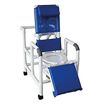 Echo Reclining shower chair w/deluxe elongated open front commode seat, elevating leg rest, 3" twin casters 250 lb. Capacity