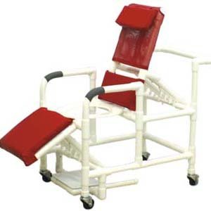 Echo Reclining shower chair w/deluxe elongated open front commode seat, sliding footrest - elevating legrest, 4" twin casters 300 lb capacity