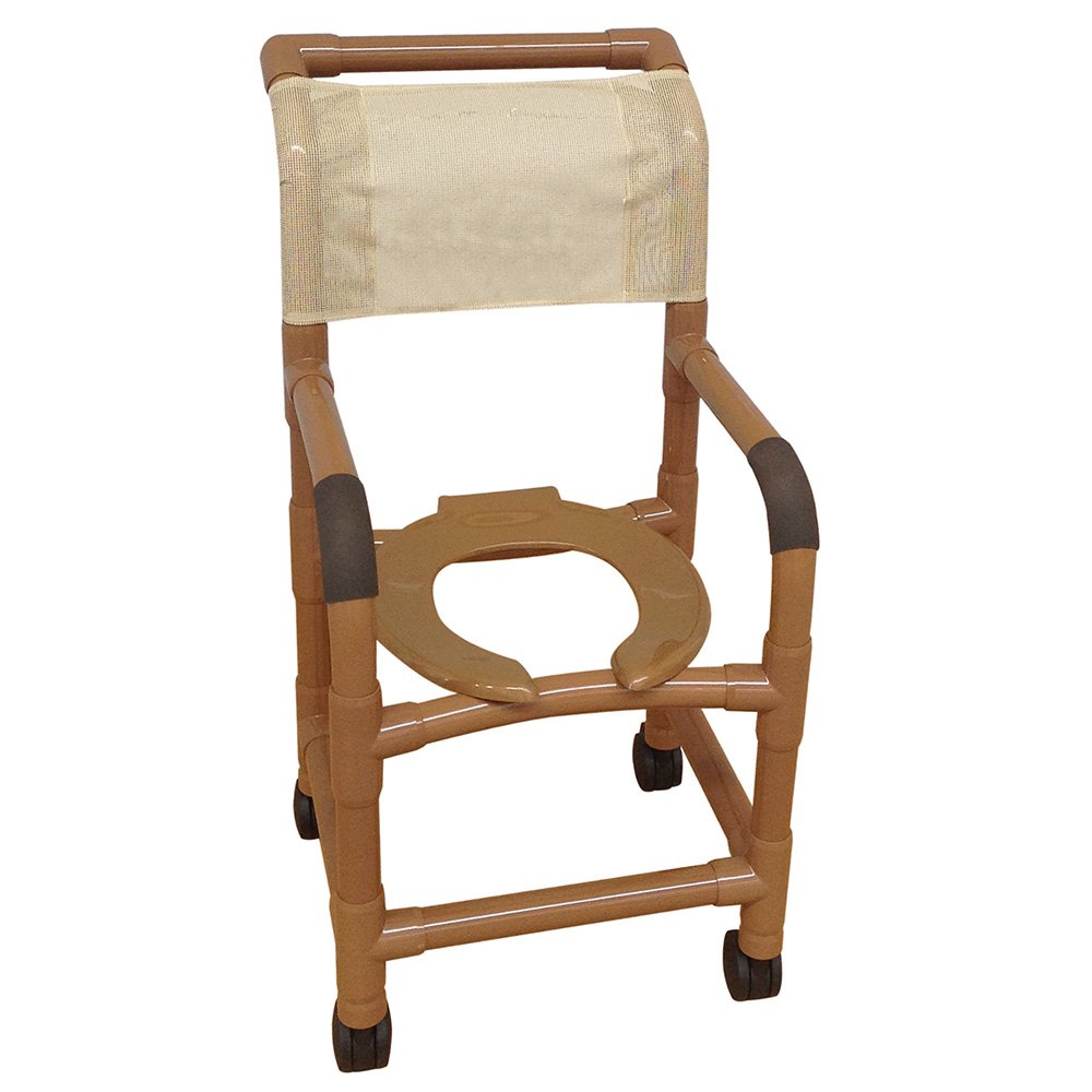 Woodtone shower chair 15" internal width, for small adult or pediatric needs 3" twin casters, open front seat, 250 LBS cap.