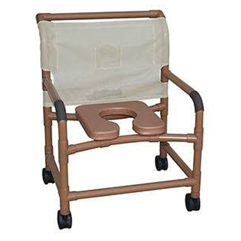 Woodtone wide shower chair 22" internal width, 3" twin casters, w/ deluxe elongated open front soft seat 375 lbs wt cap