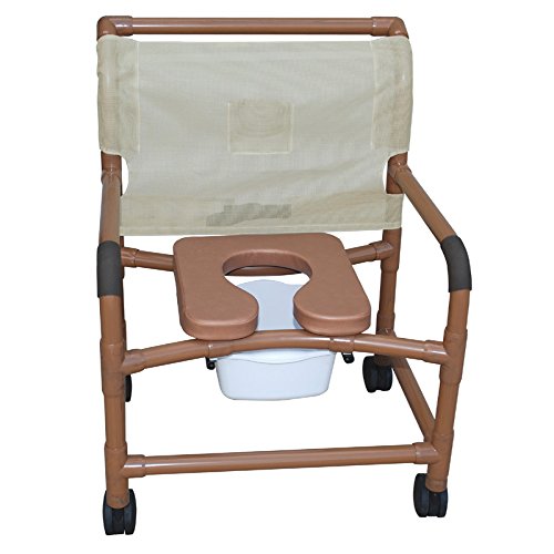 Woodtone extra-wide shower chair 26" internal width, open front seat 4" casters, no bar in back, no commode pail 425 lbs wt cap