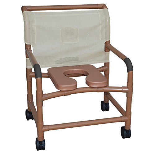 Woodtone extra-wide shower chair 26" internal width,no bar in back, with open front soft seat, no commode pail, 4" casters, 425 lbs wt cap